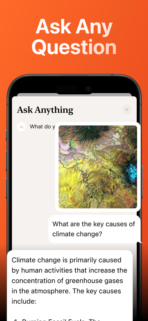 A mobile interface of the Gauss AI app showing a user asking a question about climate change using an uploaded image