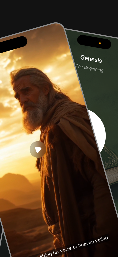 A mobile screen showing a cinematic AI-generated video of a biblical figure in a desert during sunset with the book of Genesis title.