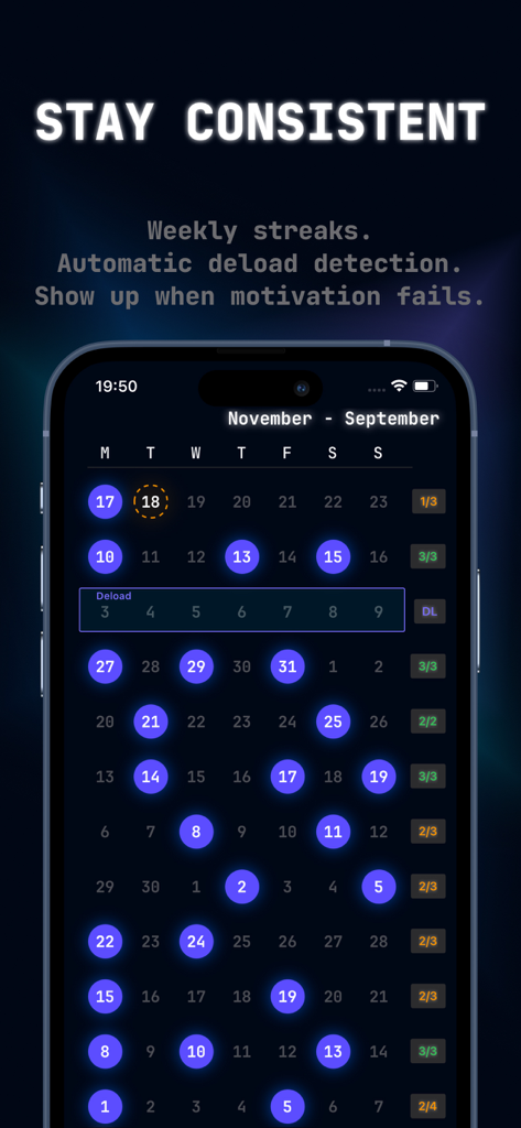 Ascend Gym Workout Tracker Log - Workout calendar interface showing weekly streaks and deload detection in the Ascend app.