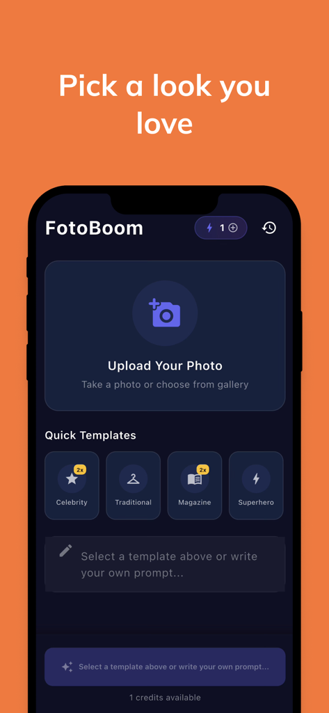 Fotoboom: AI Photo Transform - Fotoboom app main screen showing photo upload button and AI quick templates like Celebrity and Superhero