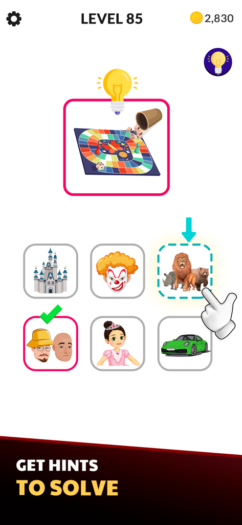 Una captura de pantalla de juego de Rompecabezas de Emojis de Películas que muestra un nivel de trivia de películas con íconos de juegos de mesa y animales.