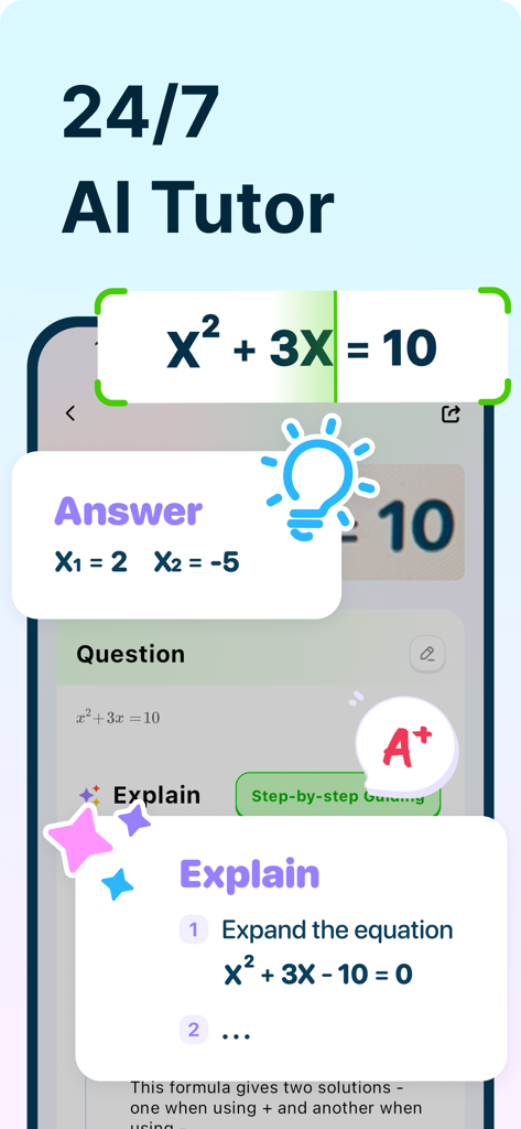AI Math Solver App | KnowBuddy - KnowBuddy app interface displaying a math problem solved with step by step AI tutor explanations