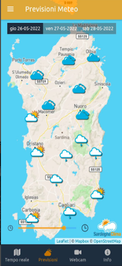 Mappa delle previsioni meteo dell'app Sardegna Clima Pro con icone meteorologiche sulla Sardegna