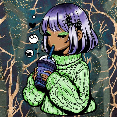 manga girl drinking boba in cozy sweater
