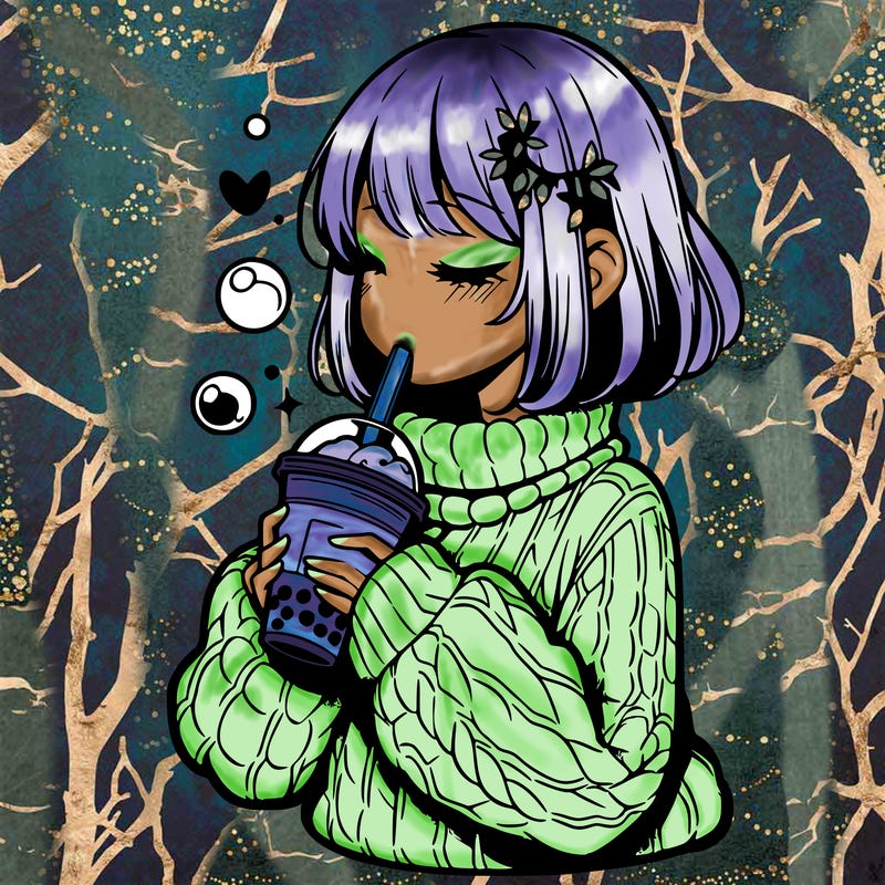 manga girl drinking boba in cozy sweater