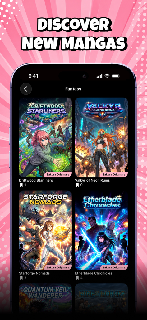 Screenshot of the Sakura app showing various fantasy manga titles under the Discover New Mangas section