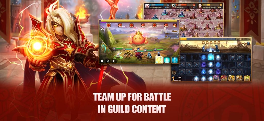 Summoners War - Illustrations promotionnelles et captures d'écran de Summoners War présentant le contenu des guildes et les batailles stratégiques en équipe.
