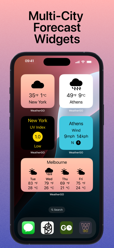 The Weather App by WeatherGo - iPhone home screen displaying multi-city weather widgets with side by side Fahrenheit and Celsius temperatures
