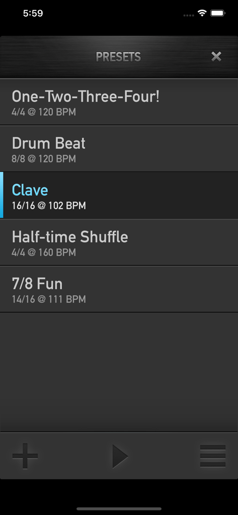 Metronome Ϟ - MetroTimer app presets screen showing various rhythm and tempo settings like drum beat and clave