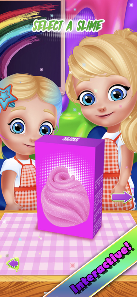 Two cartoon girls in aprons selecting a pink glitter slime box in the game menu.