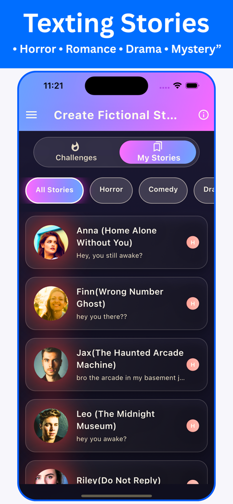 Texting Story Chat Master - A list of fictional texting stories in the Texting Story Chat Master app showing different characters and genres.