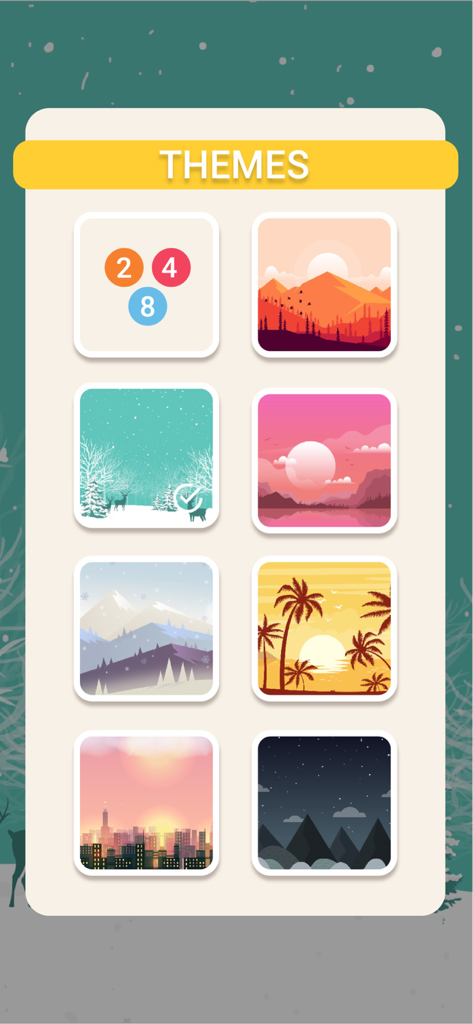 Themes menu for 248 Number Connect puzzle game showing different visual landscape backgrounds