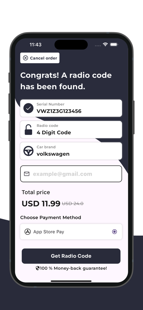 Car Radio Code Generator - Payment screen in the Car Radio Code Generator app for unlocking a Volkswagen radio