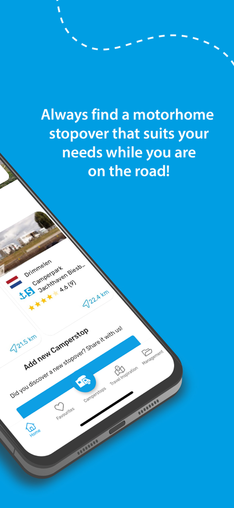 Camperstop app screen showing motorhome stopover search results in Europe