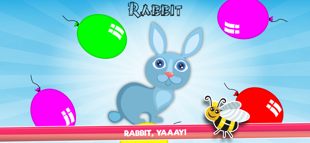 A completed cartoon rabbit jigsaw puzzle for kids with colorful balloons and a smiling bee