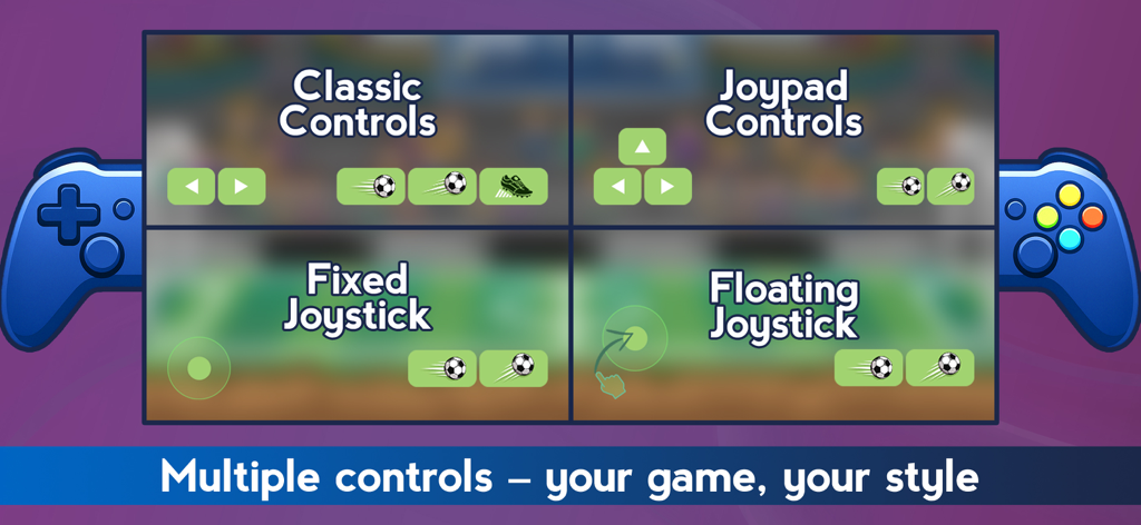Foot Brawl - Fun Head Football - Opciones de personalización de controles del juego móvil Foot Brawl que muestran estilos de joypad y joystick clásicos