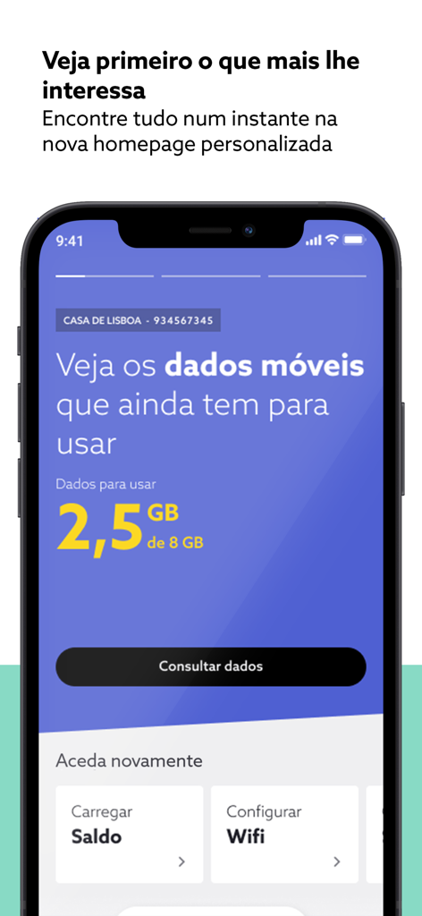 The my NOS app personalized homepage displaying mobile data consumption and quick access settings.