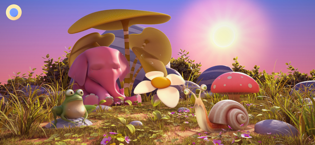 Dinkytoon Interactive Stories - Elefantito rosa con una rana y un caracol en un prado soleado