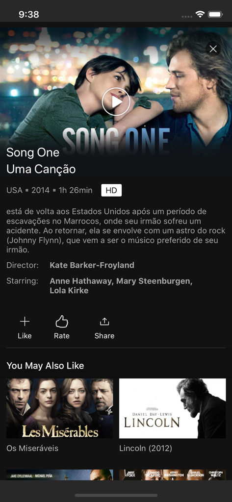 MovTV - Tela do aplicativo MovTV mostrando detalhes do filme Song One com uma descrição em português