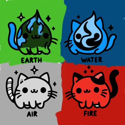 4 cats that represent the different elements, earth, water, air, and fire