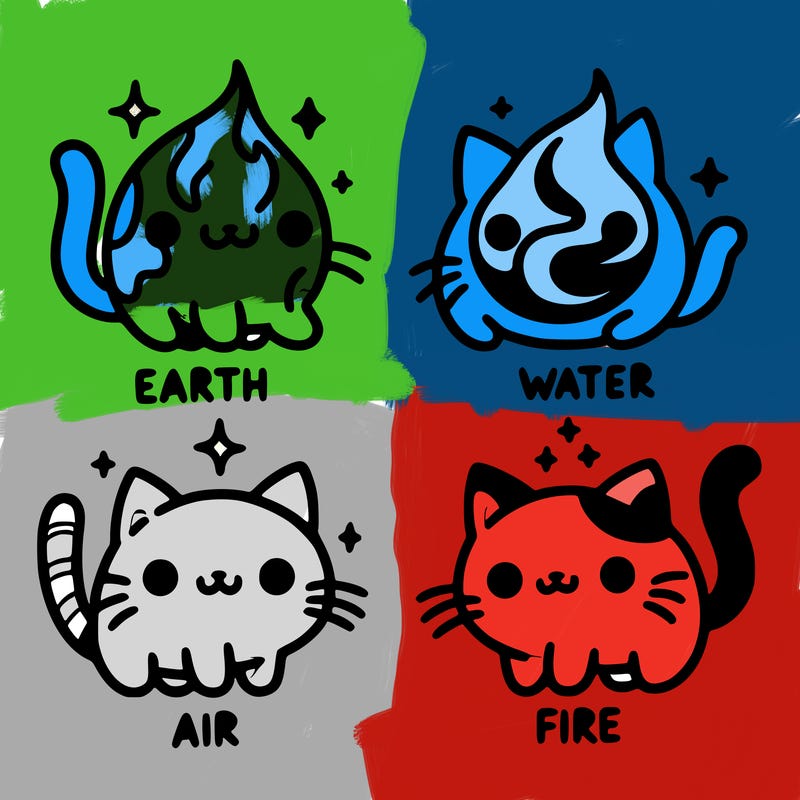 4 cats that represent the different elements, earth, water, air, and fire