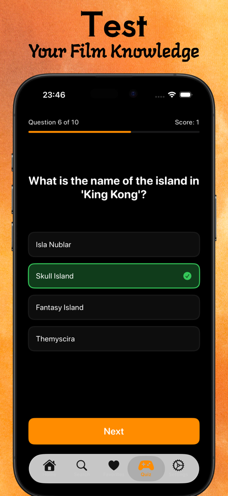 A movie trivia quiz interface in the Kiss Kh app showing a question about King Kong