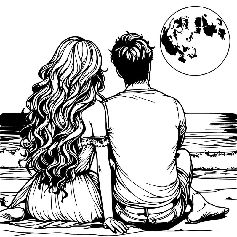 realistic couple on beach sat looking out to sea under the moon woman has long wavy hair man has short hair