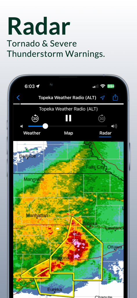 NOAA Weather Radio - NOAA Weather Radio app interface displaying a weather radar map with tornado and severe thunderstorm warnings