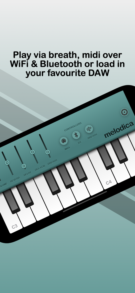 Melodica - Interfaz de la aplicación Melodica que muestra un teclado virtual con controles MIDI y de respiración