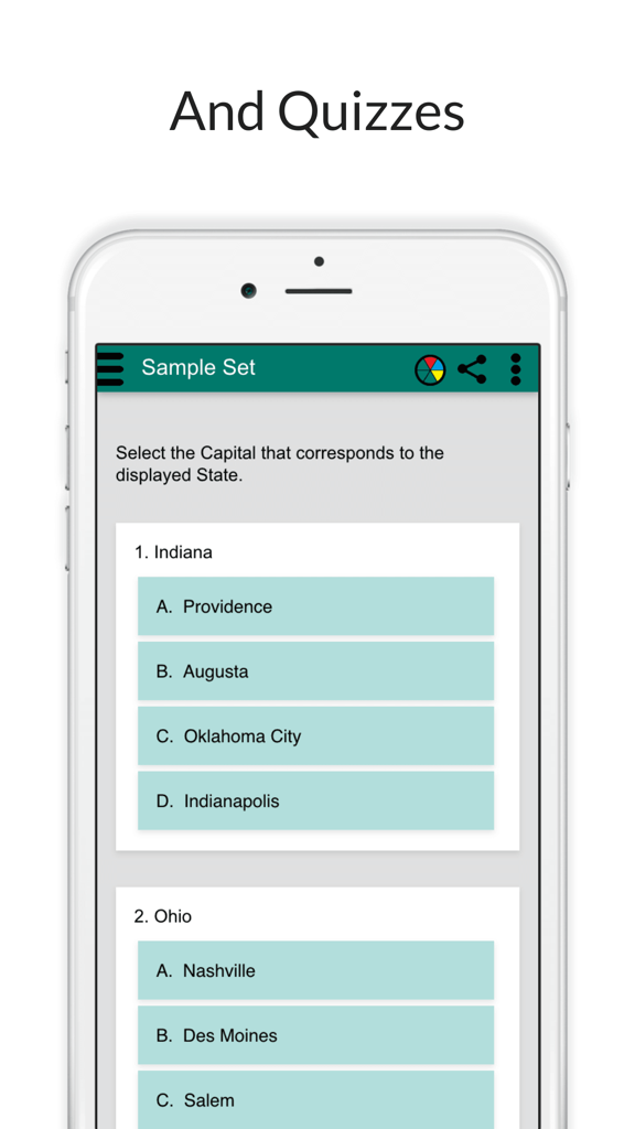 Mobile screen showing a multiple choice quiz for US state capitals within the StudyStack Flashcards app
