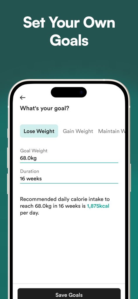 Diet & Food Tracker: EatWell - Interface of the EatWell app showing the goal setting screen with options to lose gain or maintain weight and calorie calculations