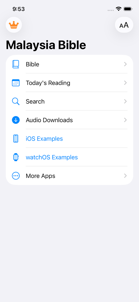 Home screen of the Malaysia Bible app displaying menu options including Bible Today's Reading and Audio Downloads.