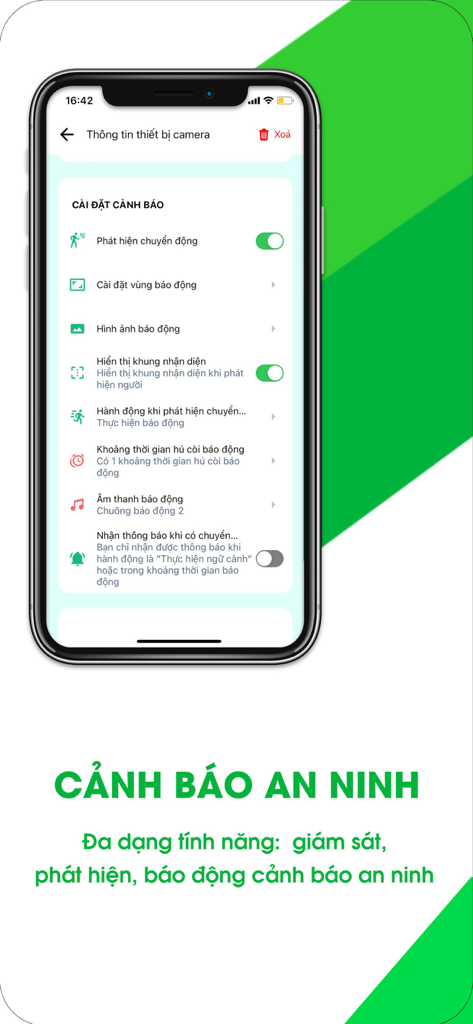 Interface des paramètres d'alerte de sécurité de l'application Hunonic pour la maison intelligente sur un iPhone montrant la configuration de la détection de mouvement et de l'alarme.