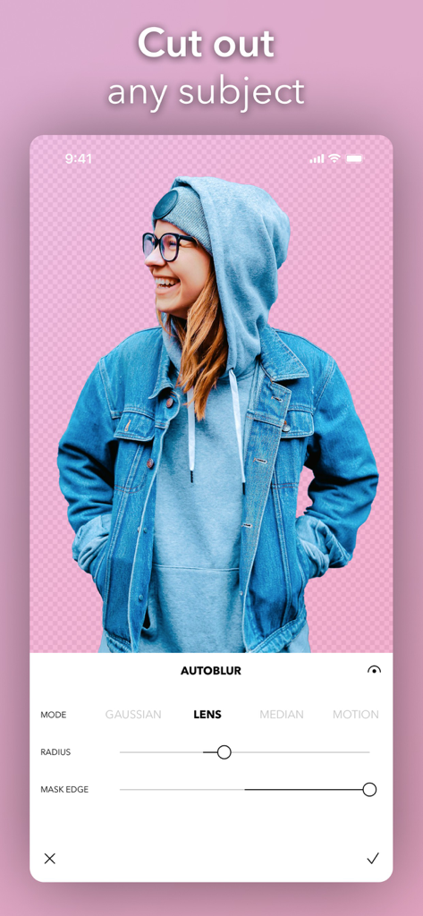 PicTapGo app interface showing the cut out subject and autoblur background feature