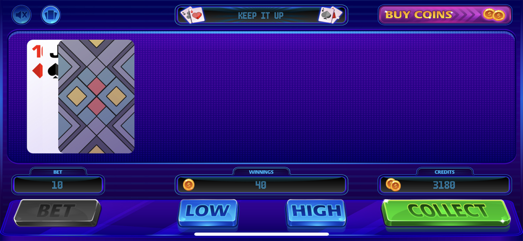 Schermata del gioco Rischia o Raddoppia in VideoPoker+ Jacks or Better che mostra i pulsanti di selezione alto e basso.