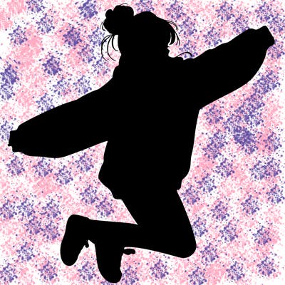 realistic girl jumping with a bun and oversized sweatshirt