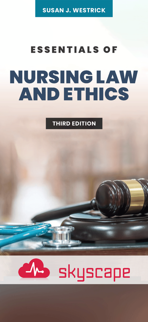 App cover for Essentials of Nursing Law and Ethics featuring a stethoscope and a legal gavel