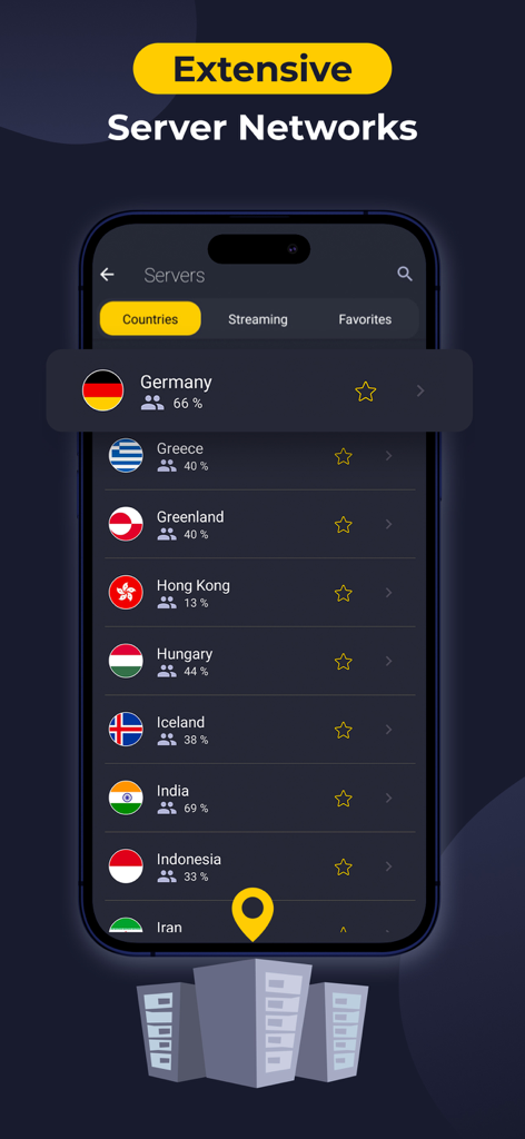 CyberGhost VPN app interface displaying an extensive list of global server locations and countries