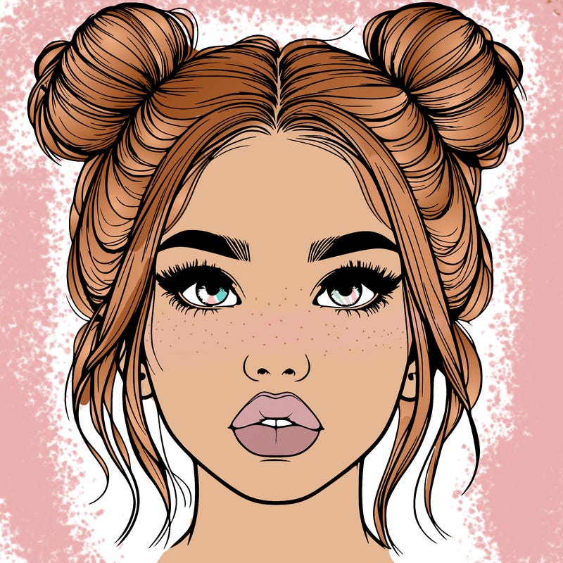 realistic girl with two buns on her hair and lips
