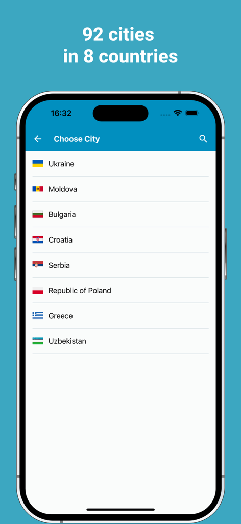 Eway public transport app screen showing transit coverage across cities in countries like Ukraine and Greece