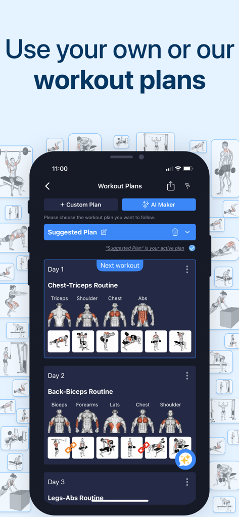 Interface of the Fitness Planner app showing customizable workout plans with targeted muscle group diagrams and specific exercise routines.