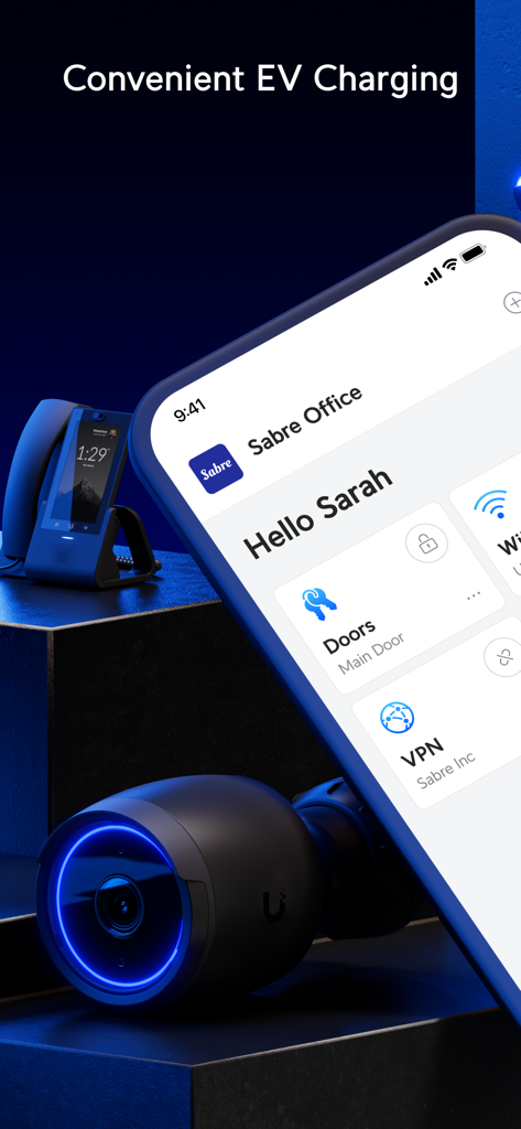UniFi Identity Endpoint - Smartphone screen of UniFi Identity app displaying door and VPN controls for Sabre Office