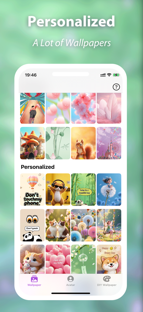DIY Wallpaper-Make it！ - Una pantalla de aplicación móvil que muestra una colección de fondos de pantalla estéticos con animales, naturaleza y personajes lindos para personalizar.