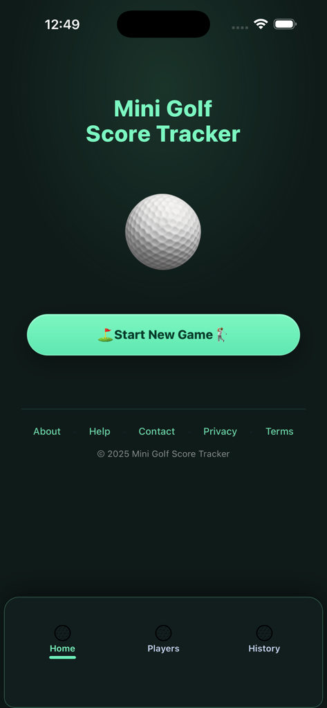 Mini Golf Score Tracker - Startbildschirm der Mini Golf Score Tracker App mit einem Golfball-Symbol und einer Schaltfläche zum Starten eines neuen Spiels.