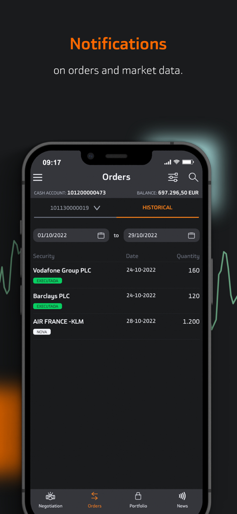 Bankinter Broker - Oberfläche der Bankinter Broker App, die eine historische Liste von Börsenaufträgen auf einem iPhone anzeigt