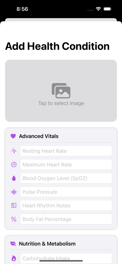 Interface for adding advanced vitals and nutrition data in Calmi Health app including heart rate and SpO2 fields