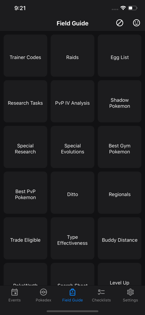 Main dashboard of the GO Field Guide app showing categories like Raids Egg List and Research Tasks
