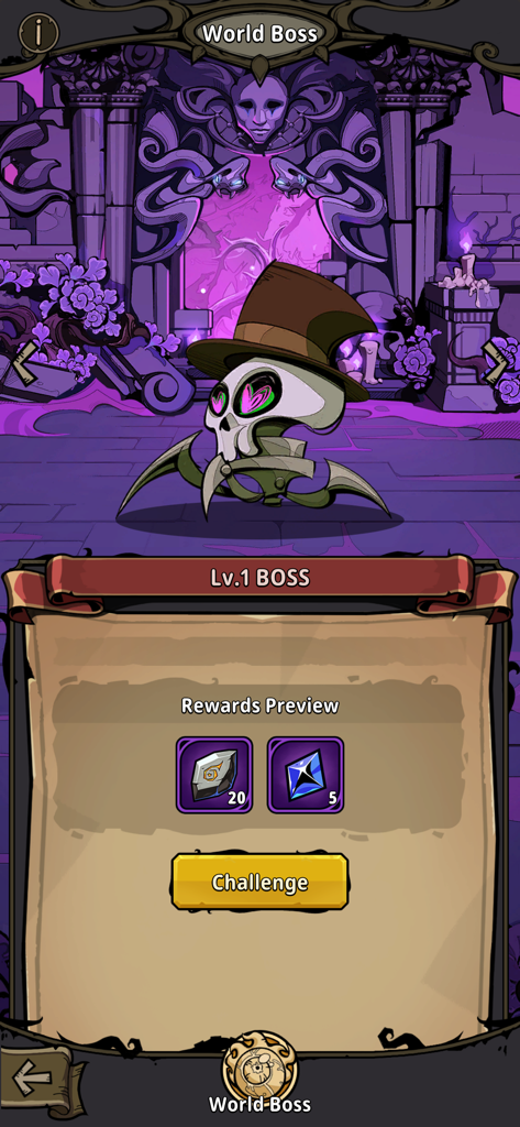 Smithing Master - Weltenboss-Herausforderungsbildschirm in Smithing Master, der einen Boss der Stufe 1 und eine Belohnungsvorschau zeigt.