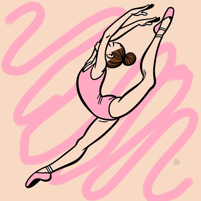 gymnast doing a leap in a leotard with a bent back leg