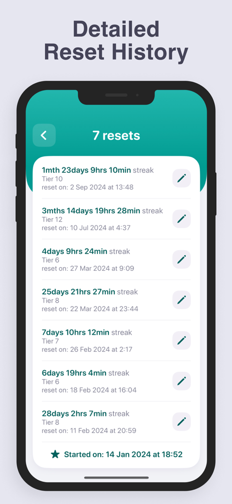 Days Since Counter: Quitly - Pantalla detallada del historial de reinicios mostrando rachas pasadas en la app Quitly